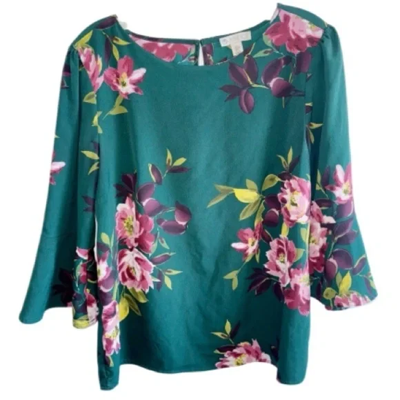 Eliane Rose Green/Pink Floral Blouse Keyhole Back Bell Sleeve Sz Large - Picture 2 of 8
